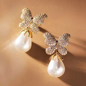 NEW ~ Anthropologie Pave Butterfly Pearl drop, Made by Maddie Lantana Earrings
